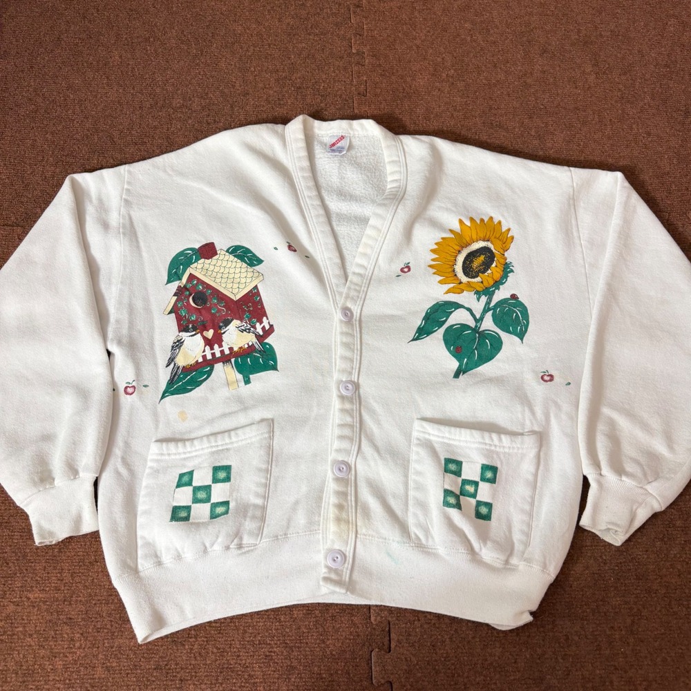 Vintage Jerzees Birdhouse Sunflower Sweatshirt Cardigan White One Size‎ USA Made